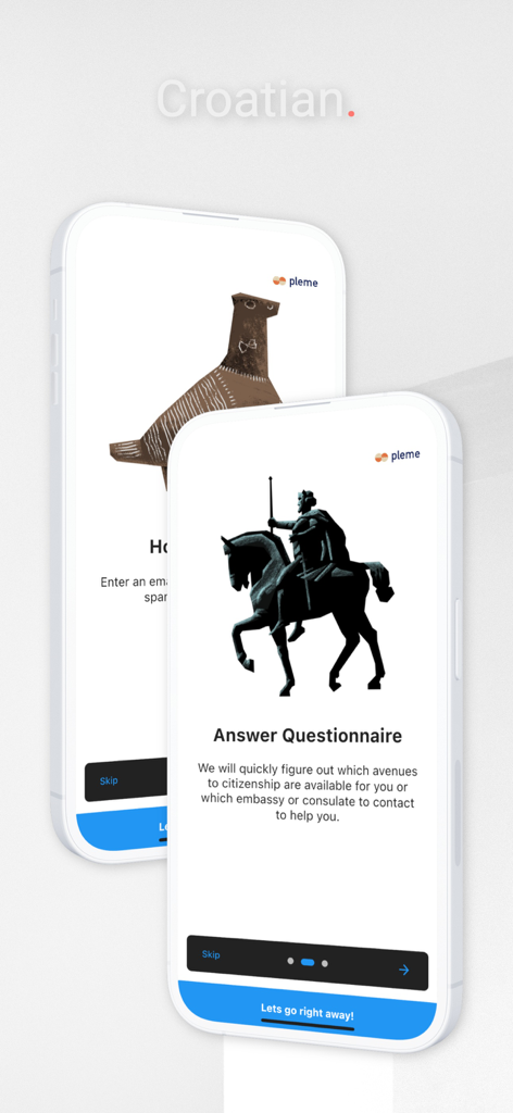 CitizenHR: Croatia Citizenship - Zwei mobile Bildschirme, die den Onboarding-Prozess der CitizenHR-App für die kroatische Staatsbürgerschaft zeigen, einschließlich eines Fragebildschirms.