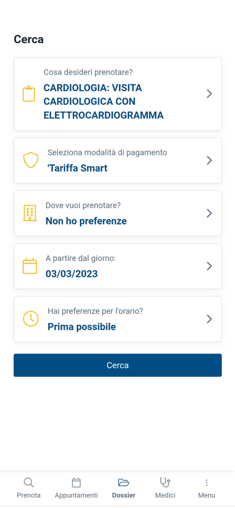 Auxologico - Interfaccia dell'app mobile Auxologico per la ricerca e la prenotazione di una visita cardiologica