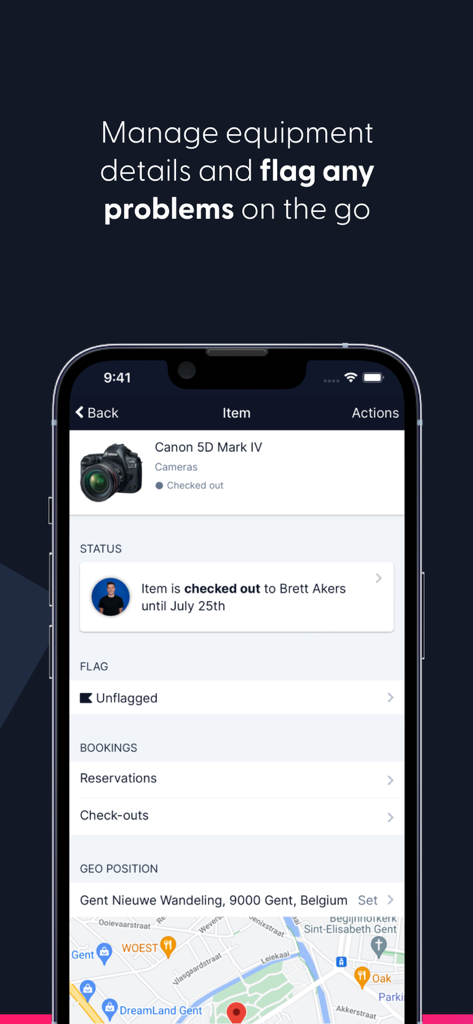 Mobile interface of Cheqroom asset management showing equipment status and location tracking
