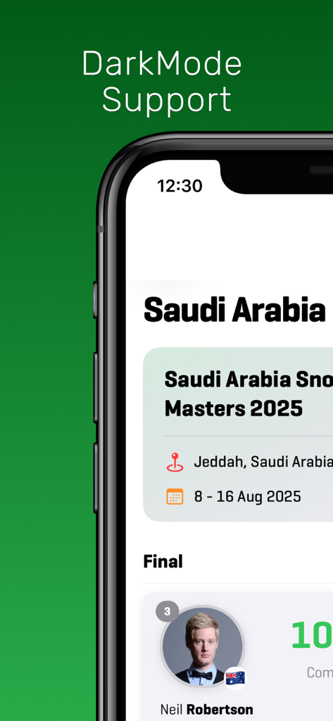 A smartphone screen displaying the World Snooker Online app with dark mode support showing tournament details for the Saudi Arabia Snooker Masters