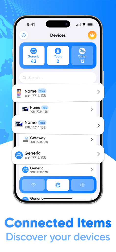 WIFI analyzer. Network scanner - Una captura de pantalla de la aplicación WIFI analyzer que muestra una lista de dispositivos conectados a la red con sus direcciones IP.