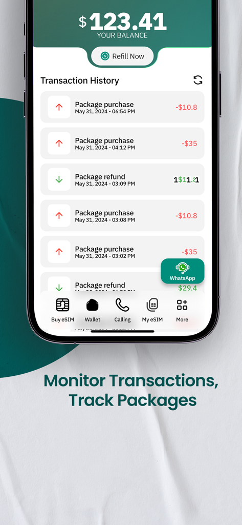 eSIM Card: Virtual SIM & VoIP - Screenshot of the eSIM Card app showing transaction history and wallet balance