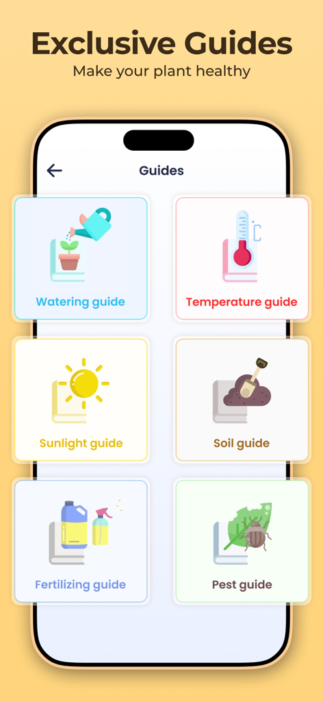Plantora- Plant Identify, Care - Interface showing various plant care guides for watering, sunlight, temperature, soil, fertilizing, and pest control
