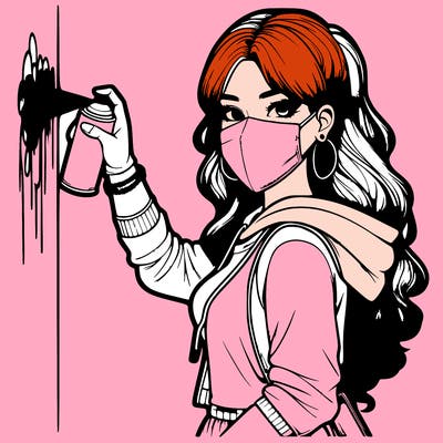 realistic girl with mask spray painting a wall