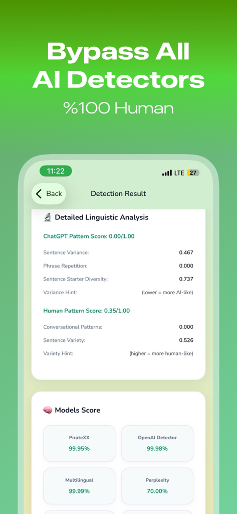 Natural Write - Humanize AI - A detailed AI detection report showing linguistic analysis and scores from multiple models to verify human like content