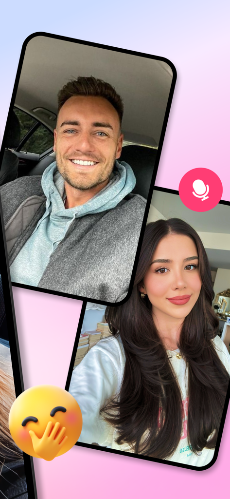 Interface of the Pluto app showing two users connected through a live video chat with a microphone icon and reaction emoji