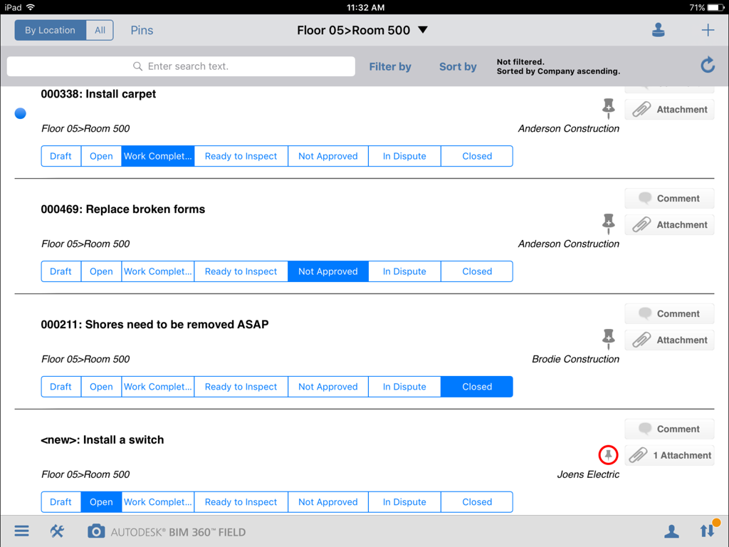 Interface of the BIM 360 Field app showing a list of construction tasks and their completion status on an iPad