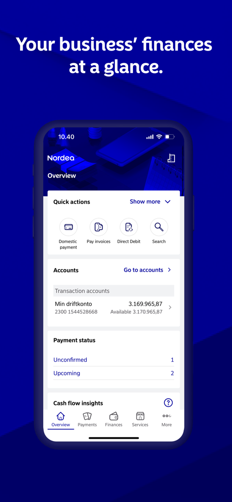 Mobile dashboard of the Nordea Business app showing financial overview and account balances
