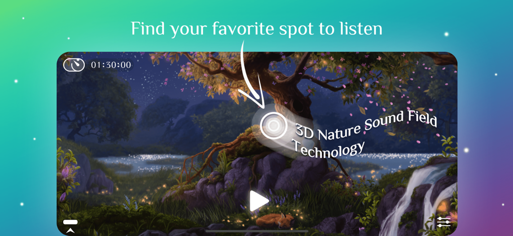 Away sleep app interface showing 3D nature sound field technology with a nighttime forest scene