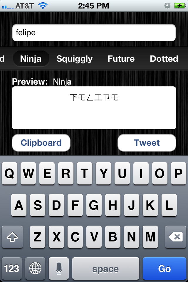 Status Styler - Screenshot of Status Styler app showing a text preview in the Ninja font style with clipboard and tweet options