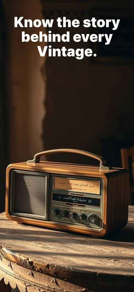 A vintage wooden radio on a rustic table with text about knowing the story behind antiques.