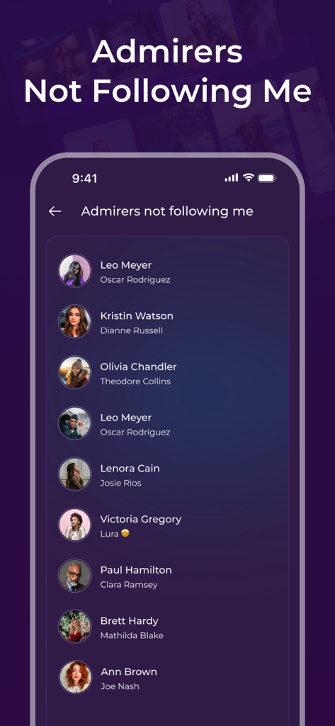 Unfollowers: Followers Tracker - Interface of the Unfollowers app displaying a list of social media admirers who are not following the user back