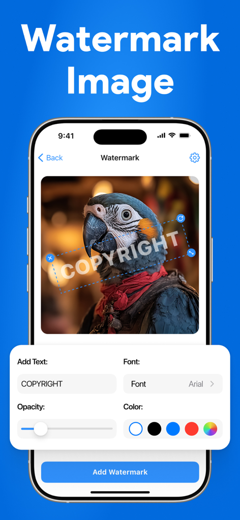 iPhone app interface showing a copyright text watermark being added to a parrot photo