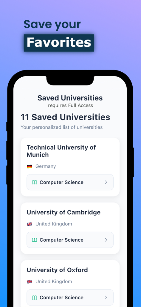 A mobile screen from the Penguni app showing a personalized list of saved universities such as the University of Cambridge and Oxford for Computer Science