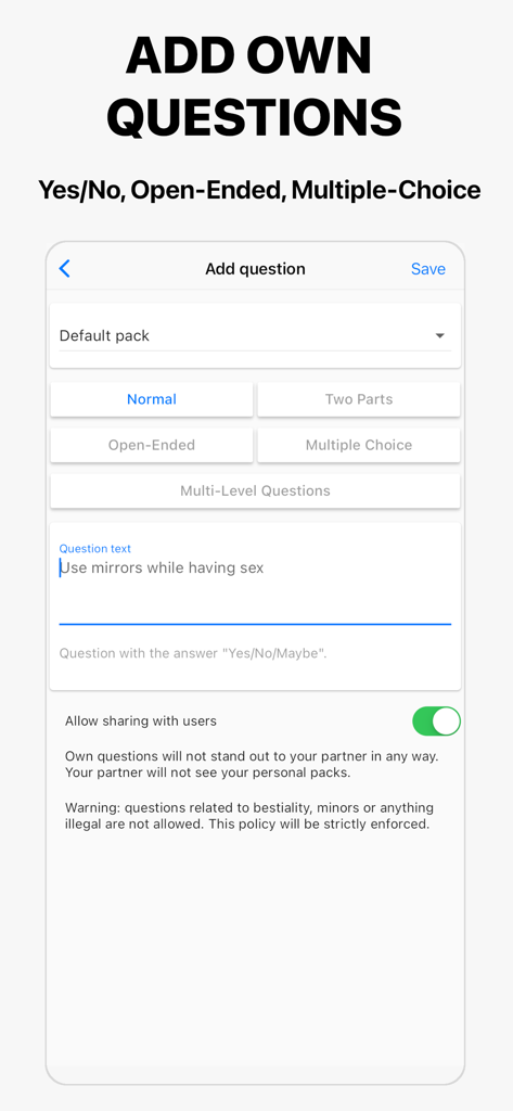 Spicer - Sex Ideas For Couples - Interfaz para que las parejas creen y añadan sus propias preguntas personalizadas en la aplicación Spicer