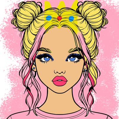 realistic girl with two buns in hair and lips