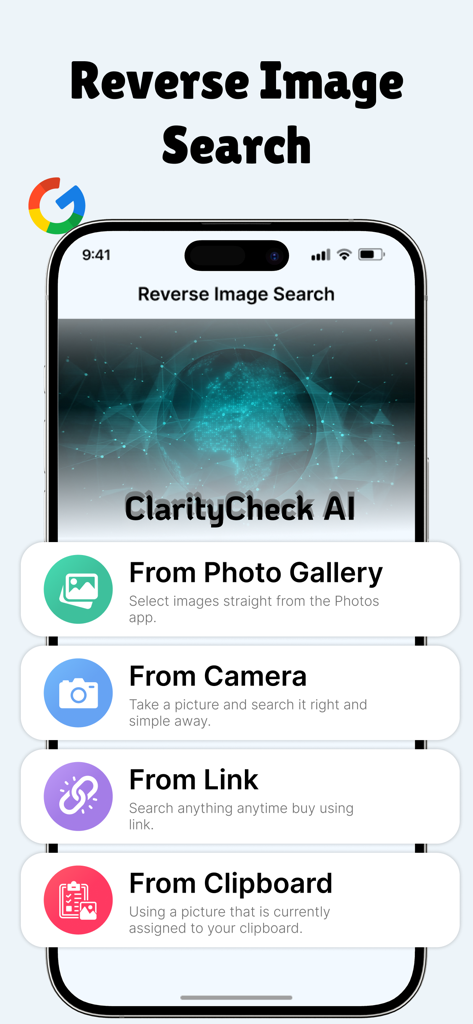 ClarityCheck - Deep Search AI - ClarityCheck Deep Search AI reverse image search feature options screen