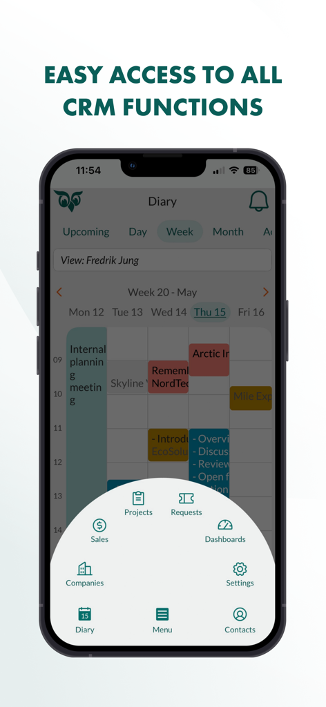 SuperOffice Mobile CRM app interface showing a weekly diary view and a quick access circular navigation menu