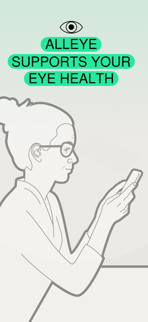 Alleye - An illustration of an elderly person with glasses using a smartphone to monitor their retinal health with the Alleye app.