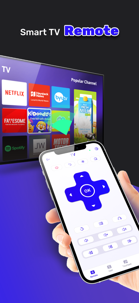 Smart TV Remote App for RK - A person holding an iPhone with a digital TV remote interface controlling a smart TV with streaming apps