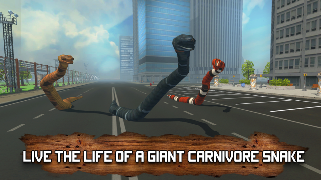 Three giant colorful snakes slithering through city streets in a 3D simulator game