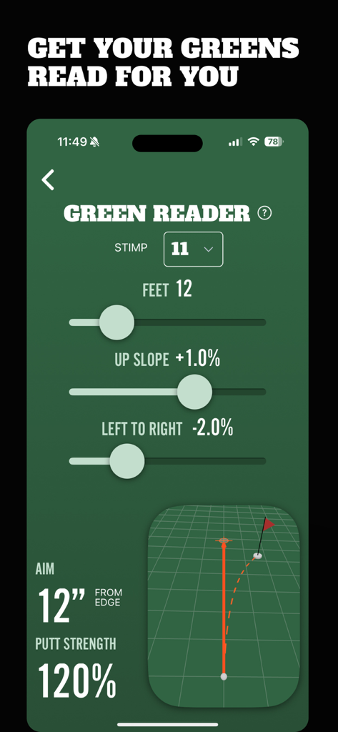 WhyGolf App-Bildschirm zum Lesen von Grüns mit Eingabe von Neigung und Distanz