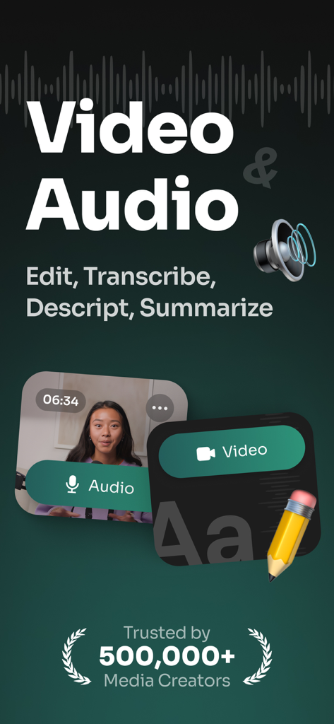 Tela de introdução para o aplicativo Descript AI Pro Video Editor mostrando recursos para edição, transcrição e resumo de áudio e vídeo.