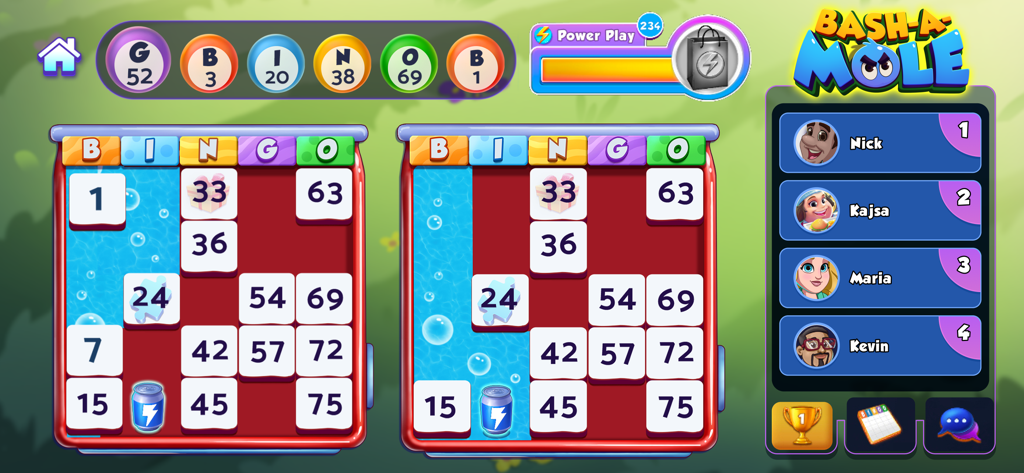 Gameplay screenshot of Bingo Bash showing two cards and a player leaderboard in a themed room