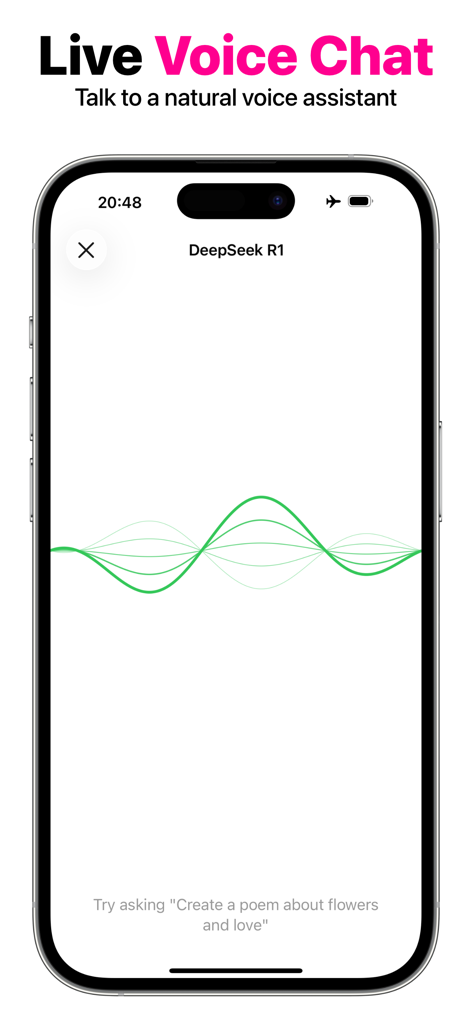 OfflineLLM: Private AI Chat - OfflineLLM private voice chat interface showing DeepSeek R1 model and voice waveform