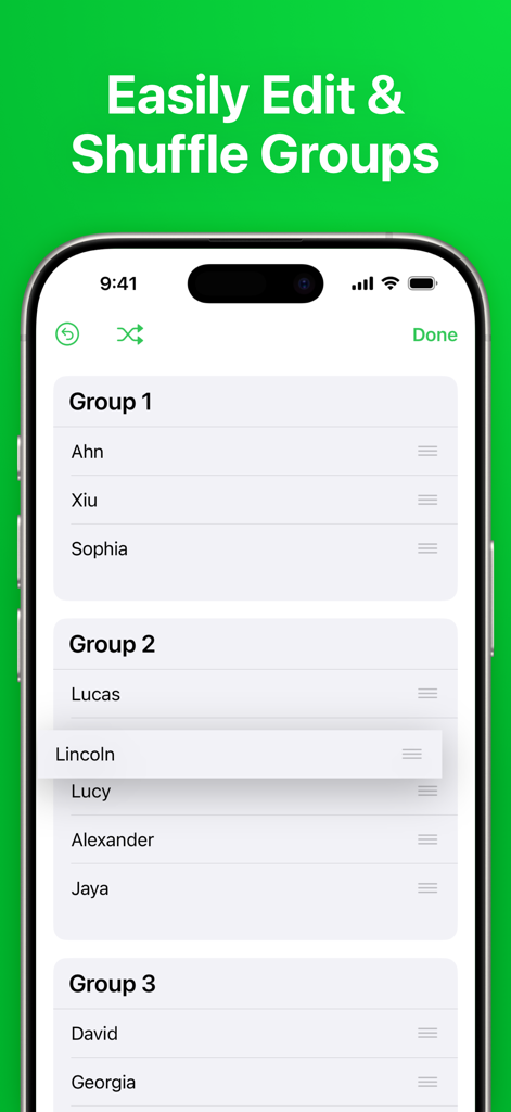 Interfaz de la aplicación Grupos que muestra listas de estudiantes organizados en grupos con la capacidad de arrastrar y mezclar nombres