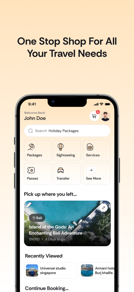 Alike Travel - Alike Travel app home screen showing travel categories and personalized holiday package recommendations