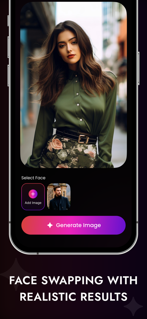 FaceMagic - Swap Face - FaceMagic app interface demonstrating realistic AI face swapping on a portrait of a woman