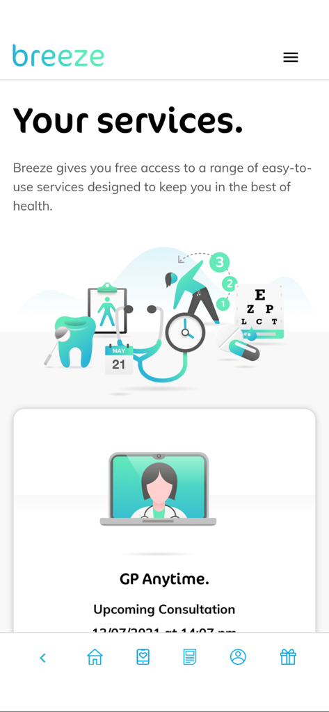 Breeze: Health & Wellbeing - Breeze app dashboard showing health services and a GP Anytime video consultation card