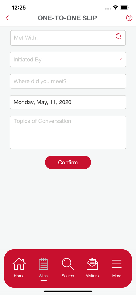 BNI Connect® Mobile - A screen from the BNI Connect Mobile app showing the digital form to record a One-to-One networking meeting slip.