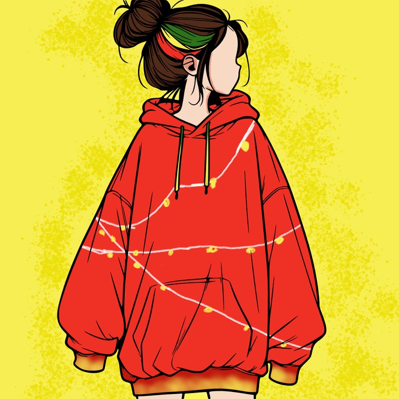 realistic girl with a oversized sweatshirt on and a bun
