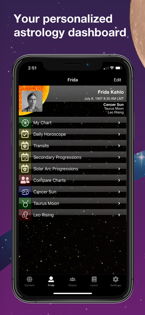 TimePassages Legacy - Personalized astrology dashboard in the TimePassages Legacy app showing birth chart features