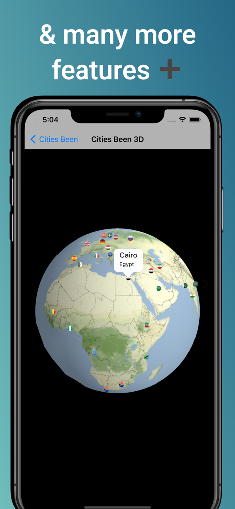 Una vista de globo 3D interactiva en la aplicación Places Been que muestra ciudades visitadas marcadas con pines y banderas de países
