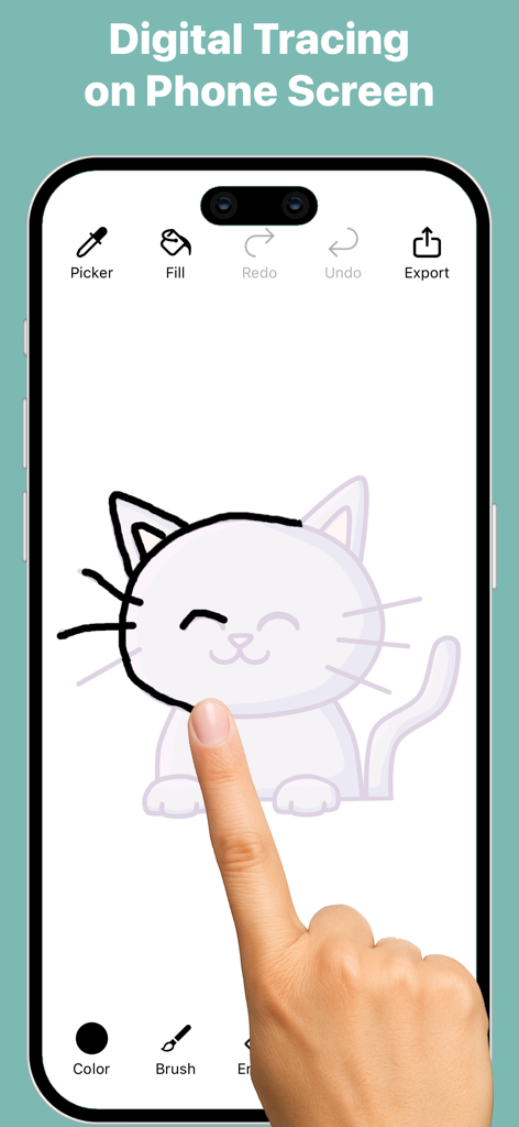 Trace and Sketch -Easy Drawing - A user tracing a cat illustration on a smartphone screen using the Trace and Sketch app interface