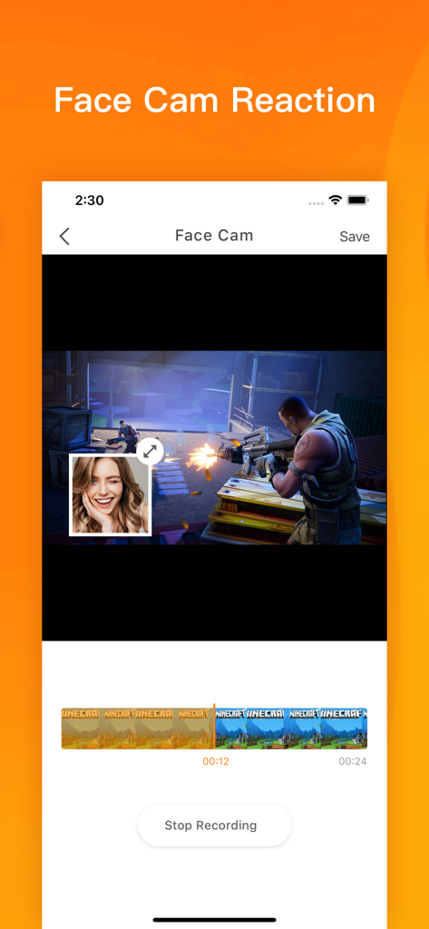 DU Recorder app interface showing the face cam reaction feature overlaid on mobile gameplay