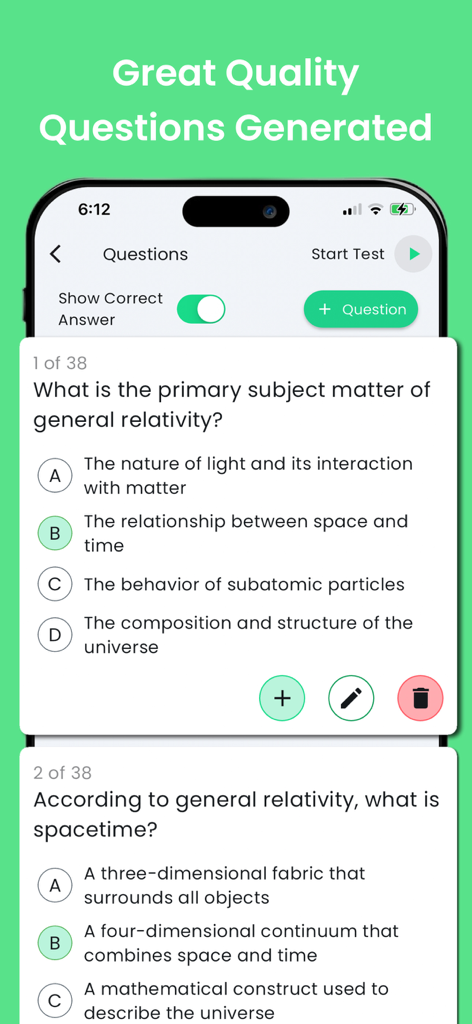 Quizziz: Quiz Maker Ai - Mobile app interface displaying AI-generated multiple-choice quiz questions on the topic of general relativity.