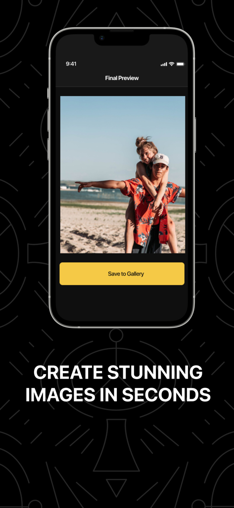 Screenshot der Frame Grabber App, der die endgültige Vorschau eines Strandfotos mit einer Schaltfläche zum Speichern in der Galerie anzeigt.
