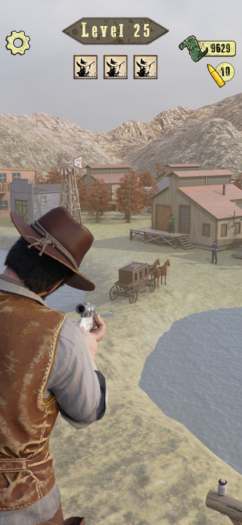 Wild West Sniper: Cowboy War - Egoperspektive eines Cowboys, der mit einem Scharfschützengewehr auf eine Westernstadt zielt