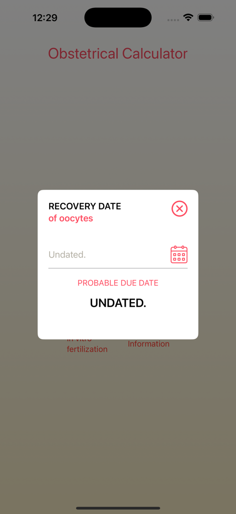 Obstetrical Calculator - Interface permettant de saisir la date de prélèvement des ovocytes afin de calculer la date d'accouchement probable dans l'application Calculatrice obstétricale