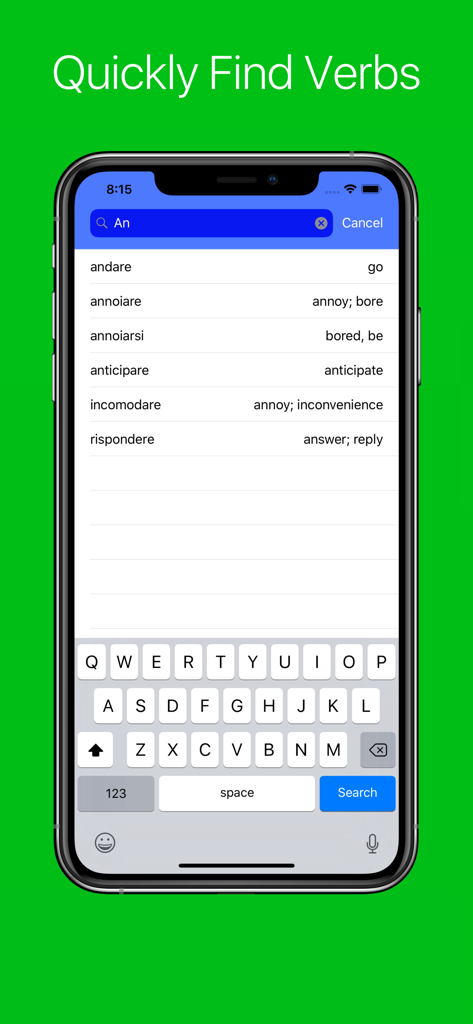 Italian Verb Conjugator - Italian Verb Conjugator app search screen displaying a list of verbs like andare and annoiare with English translations