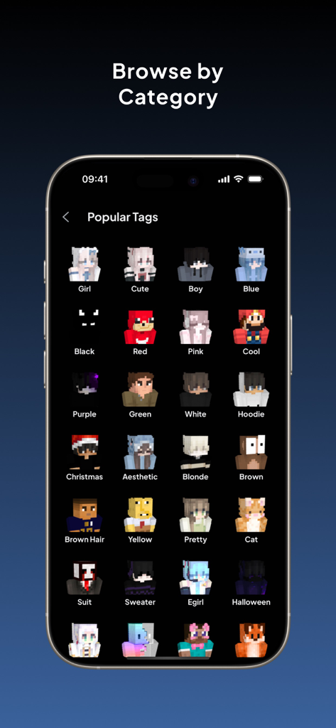 Browse by category screen in the Minecraft skins app featuring popular tags like Cute Boy and Girl