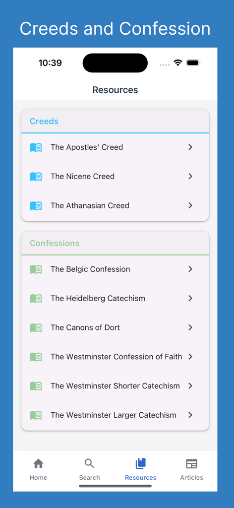 Knowing God - The resources screen of the Knowing God app displaying a list of historical Christian creeds and confessions