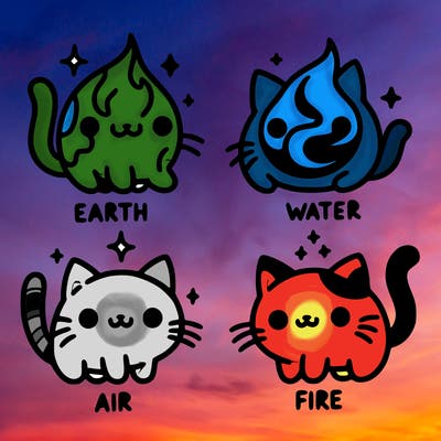4 cats that represent the different elements, earth, water, air, and fire