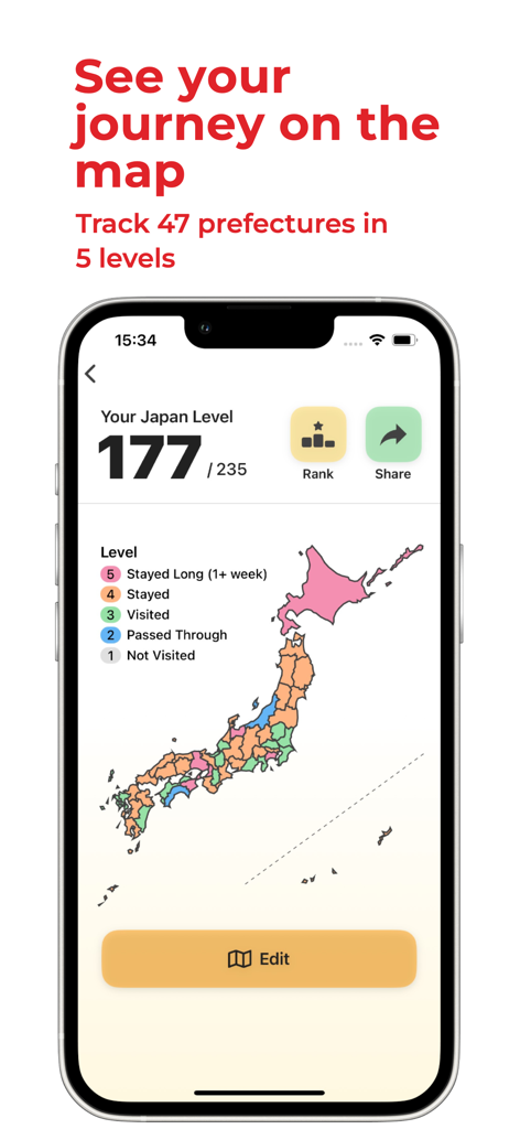 47개 현 전체의 여행 레벨을 추적하는 데 사용되는 다채로운 일본 지도 모바일 앱 화면.