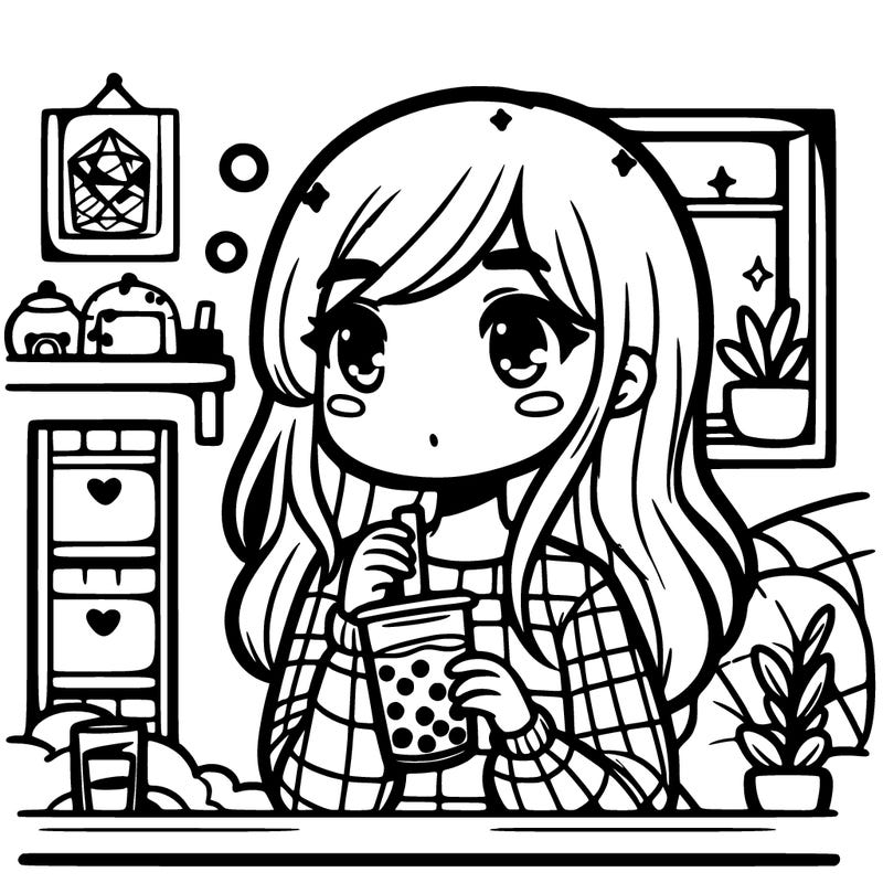 a girl drinking boba 🧋 in her room