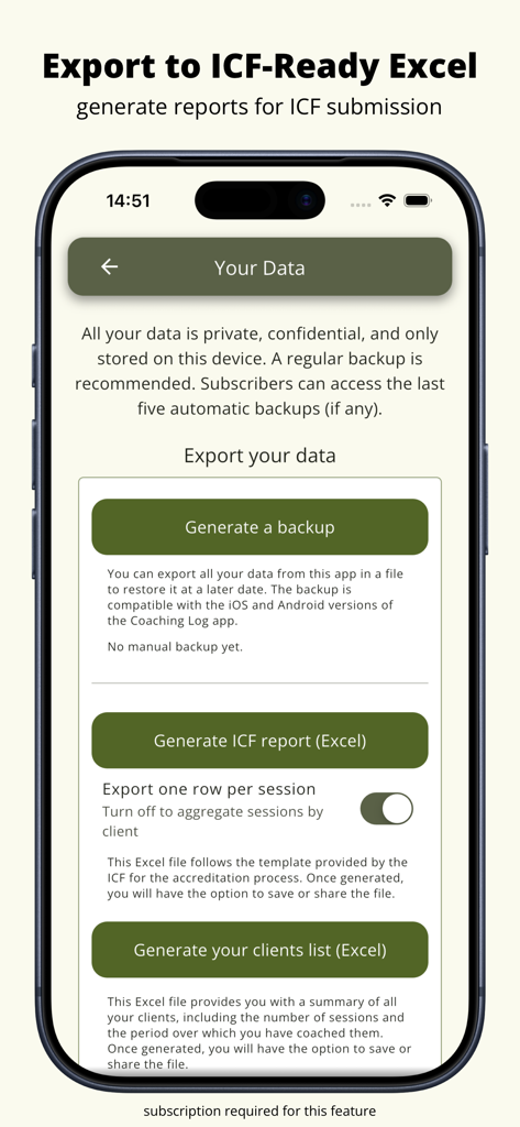 Screenshot of the Coaching Log app showing export options for ICF ready Excel reports and client lists